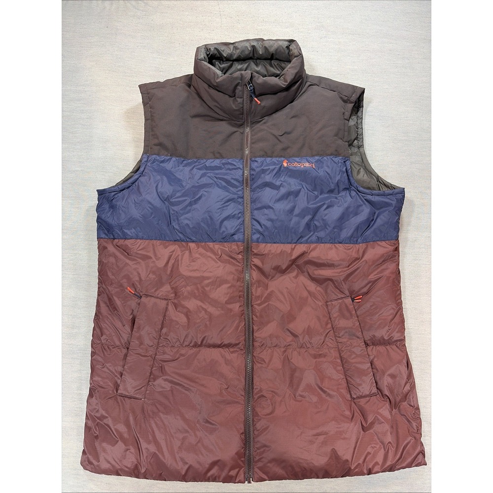 Cotopaxi Solazo Down Mens XXL Cavern Chestnut Vest striped Puffer Brown Blue 2XL